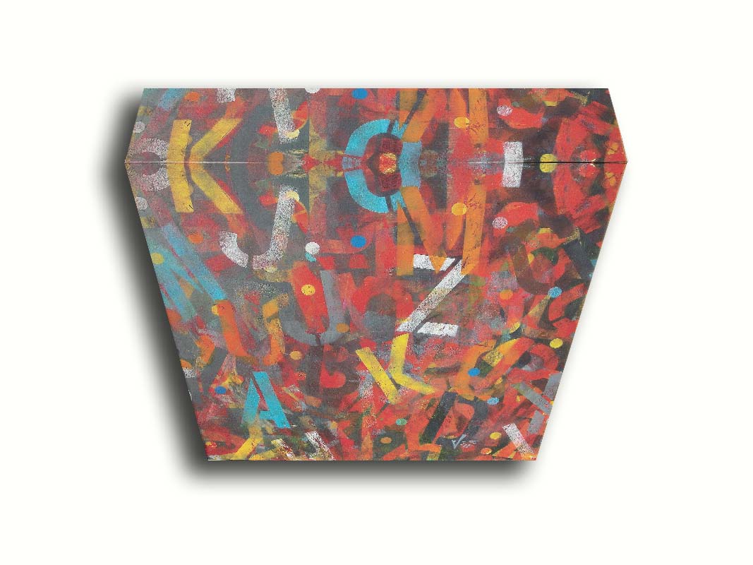 A painting of collaged stencil letters in red, orange, yellow, black, white, gray, and blue. Printed on canvas.