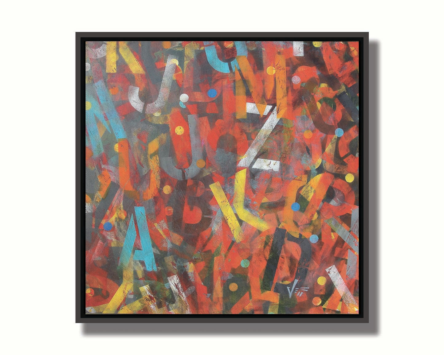 A painting of collaged stencil letters in red, orange, yellow, black, white, gray, and blue. Printed on canvas in a float frame.