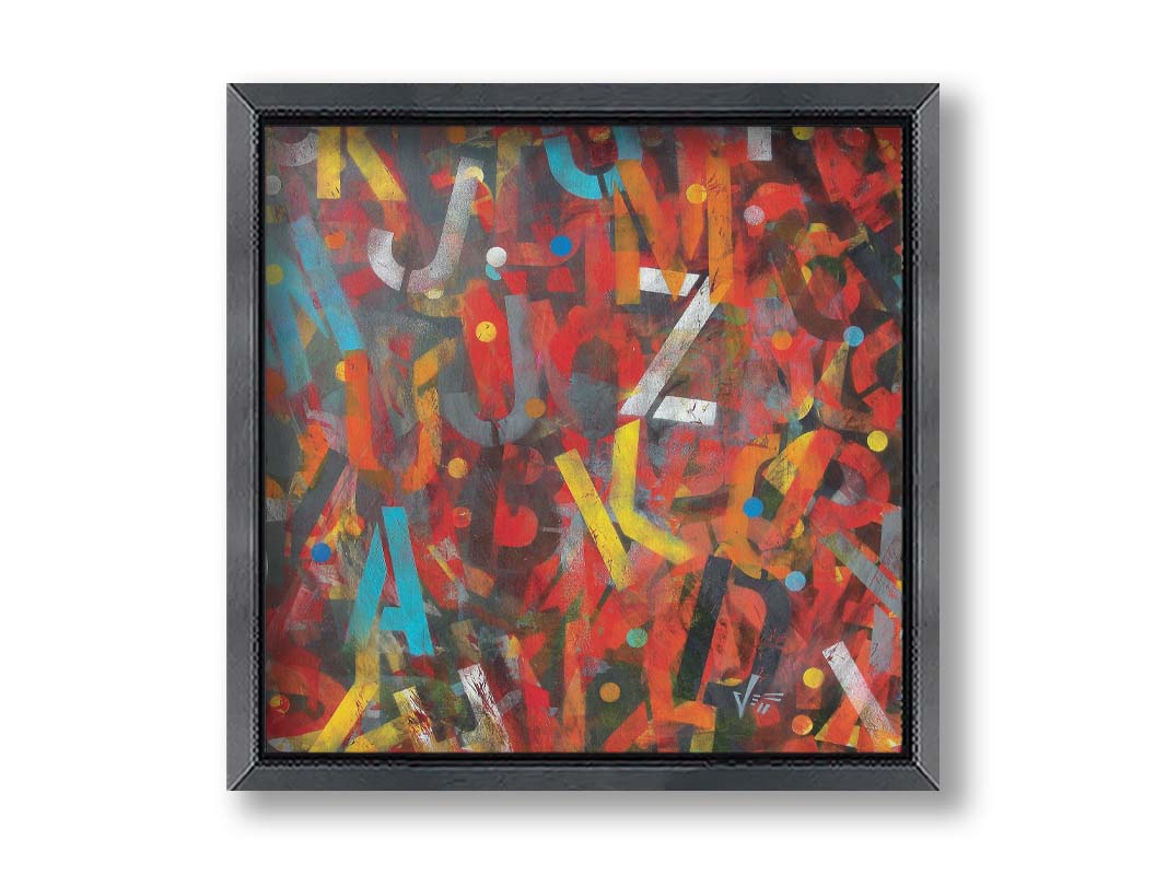 A painting of collaged stencil letters in red, orange, yellow, black, white, gray, and blue. Printed on canvas and framed.