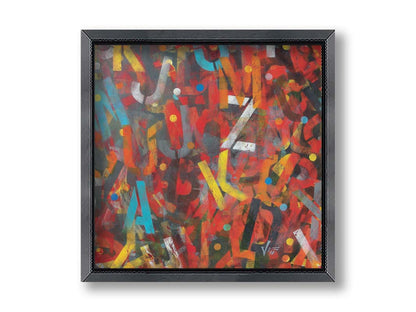 A painting of collaged stencil letters in red, orange, yellow, black, white, gray, and blue. Printed on canvas and framed.