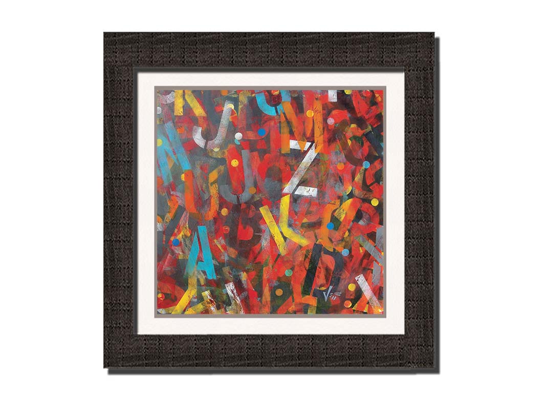 A painting of collaged stencil letters in red, orange, yellow, black, white, gray, and blue. Printed on paper, matted, and framed.