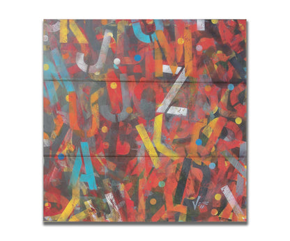 A painting of collaged stencil letters in red, orange, yellow, black, white, gray, and blue. Printed on a box board.