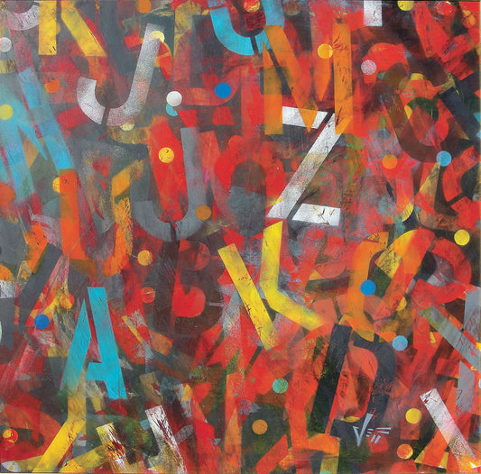 A painting of collaged stencil letters in red, orange, yellow, black, white, gray, and blue.
