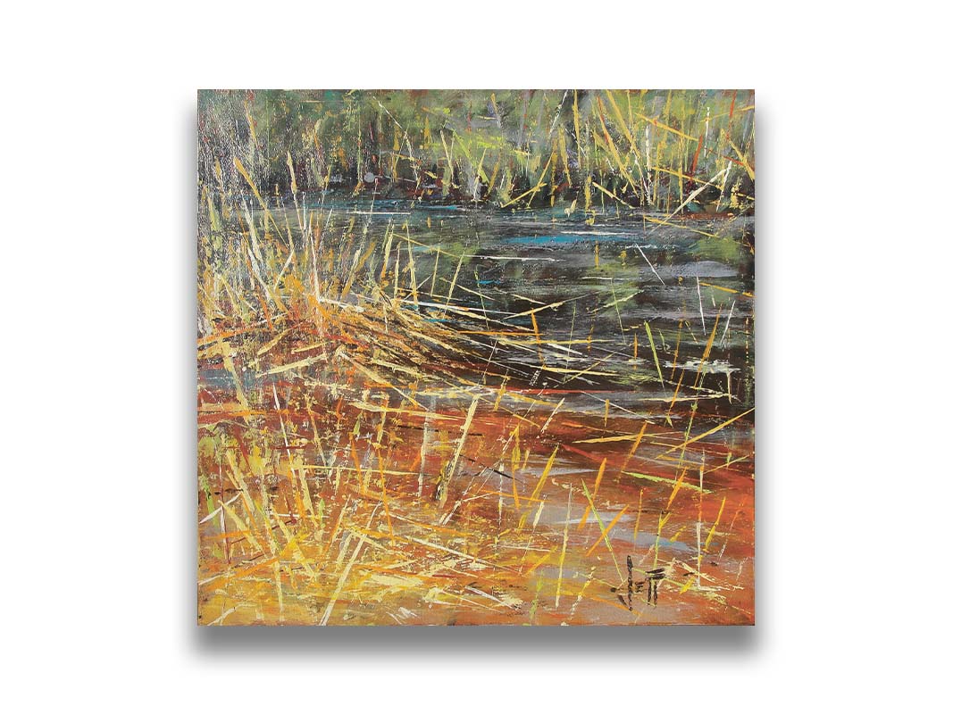 An abstracted painting of a pond lush with growing reeds. Printed on canvas.