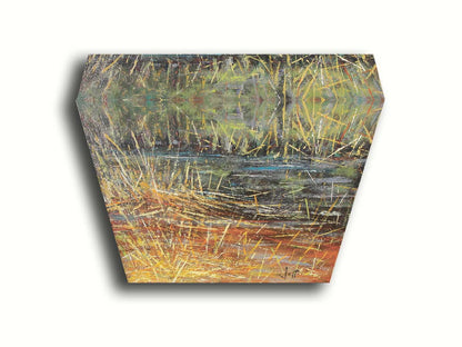 An abstracted painting of a pond lush with growing reeds. Printed on canvas.