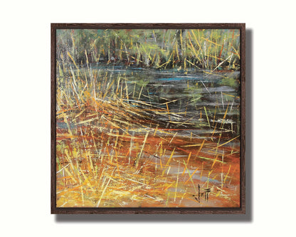 An abstracted painting of a pond lush with growing reeds. Printed on canvas in a float frame.