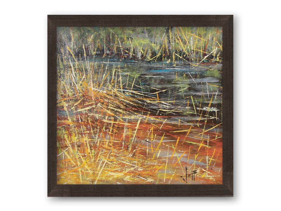 An abstracted painting of a pond lush with growing reeds. Printed on canvas and framed.