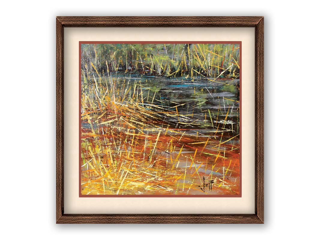 An abstracted painting of a pond lush with growing reeds. Printed on paper, matted, and framed.