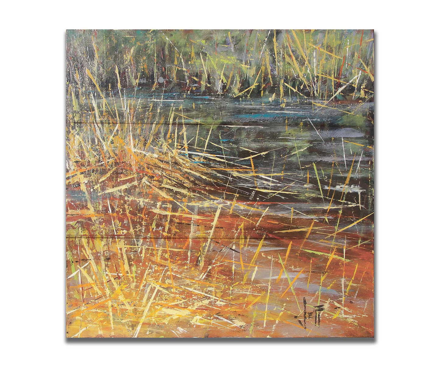 An abstracted painting of a pond lush with growing reeds. Printed on a box board.