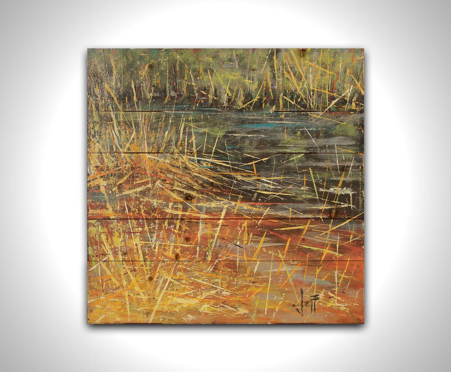 An abstracted painting of a pond lush with growing reeds. Printed on a wood pallet.