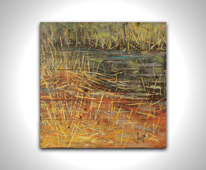 An abstracted painting of a pond lush with growing reeds. Printed on a wood pallet.