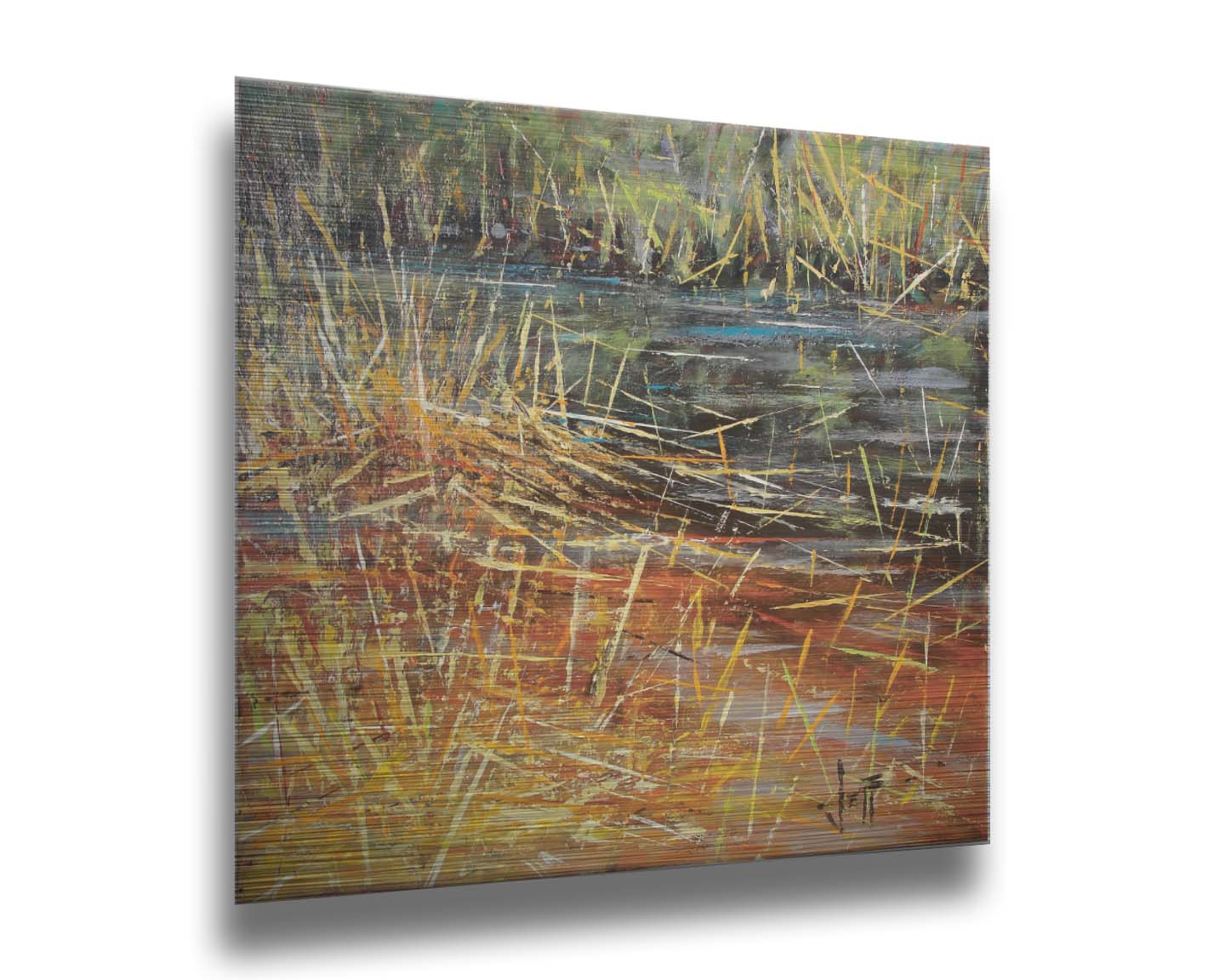 An abstracted painting of a pond lush with growing reeds. Printed on metal.