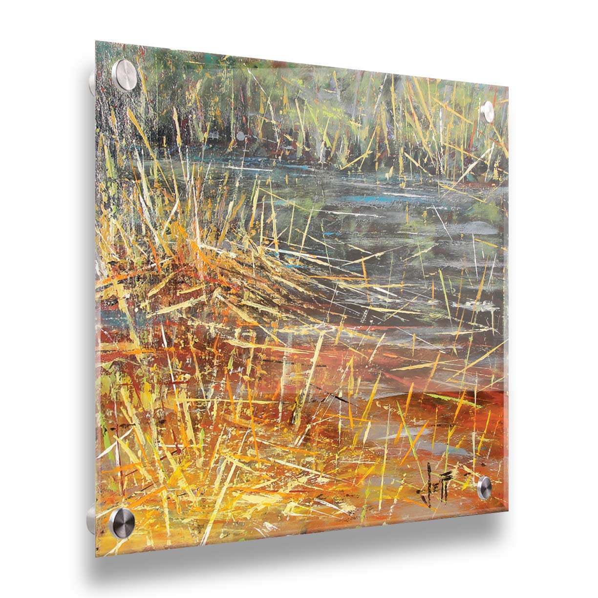 An abstracted painting of a pond lush with growing reeds. Printed on acrylic.