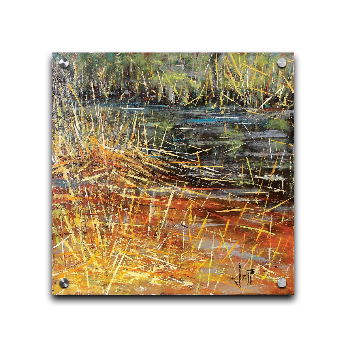 An abstracted painting of a pond lush with growing reeds. Printed on acrylic.