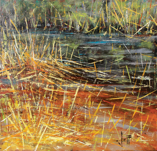An abstracted painting of a pond lush with growing reeds.