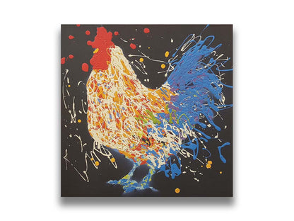 A drip painting of a white and blue rooster on a black background, accented with yellow, red, purple, and green. Printed on canvas.