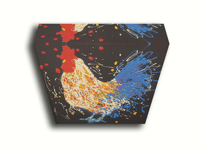 A drip painting of a white and blue rooster on a black background, accented with yellow, red, purple, and green. Printed on canvas.