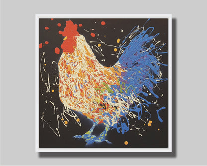 A drip painting of a white and blue rooster on a black background, accented with yellow, red, purple, and green. Printed on canvas in a float frame.