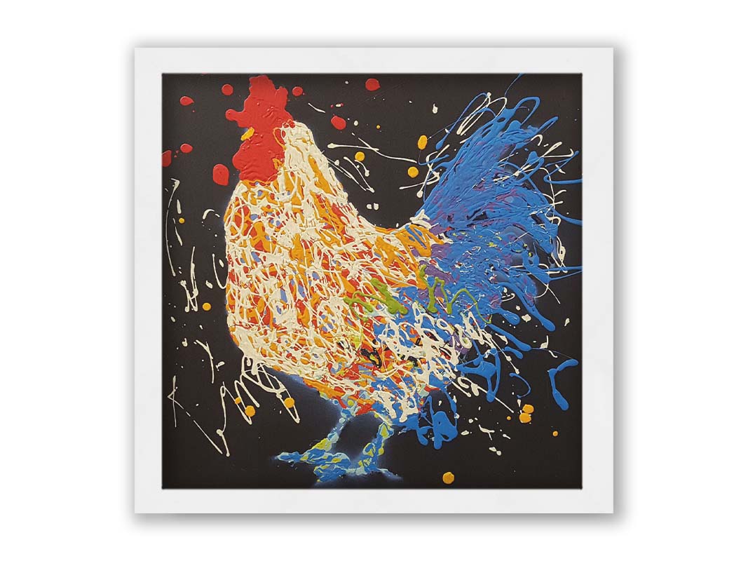 A drip painting of a white and blue rooster on a black background, accented with yellow, red, purple, and green. Printed on canvas and framed.