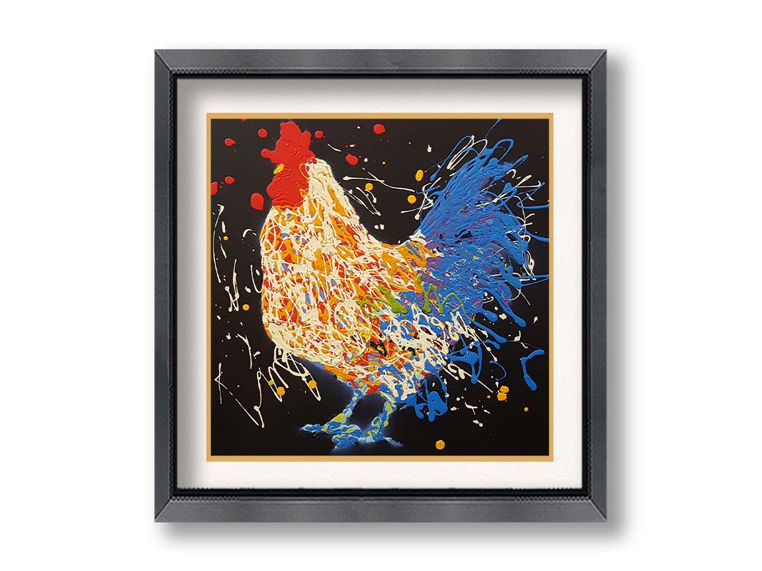 A drip painting of a white and blue rooster on a black background, accented with yellow, red, purple, and green. Printed on paper, matted, and framed.