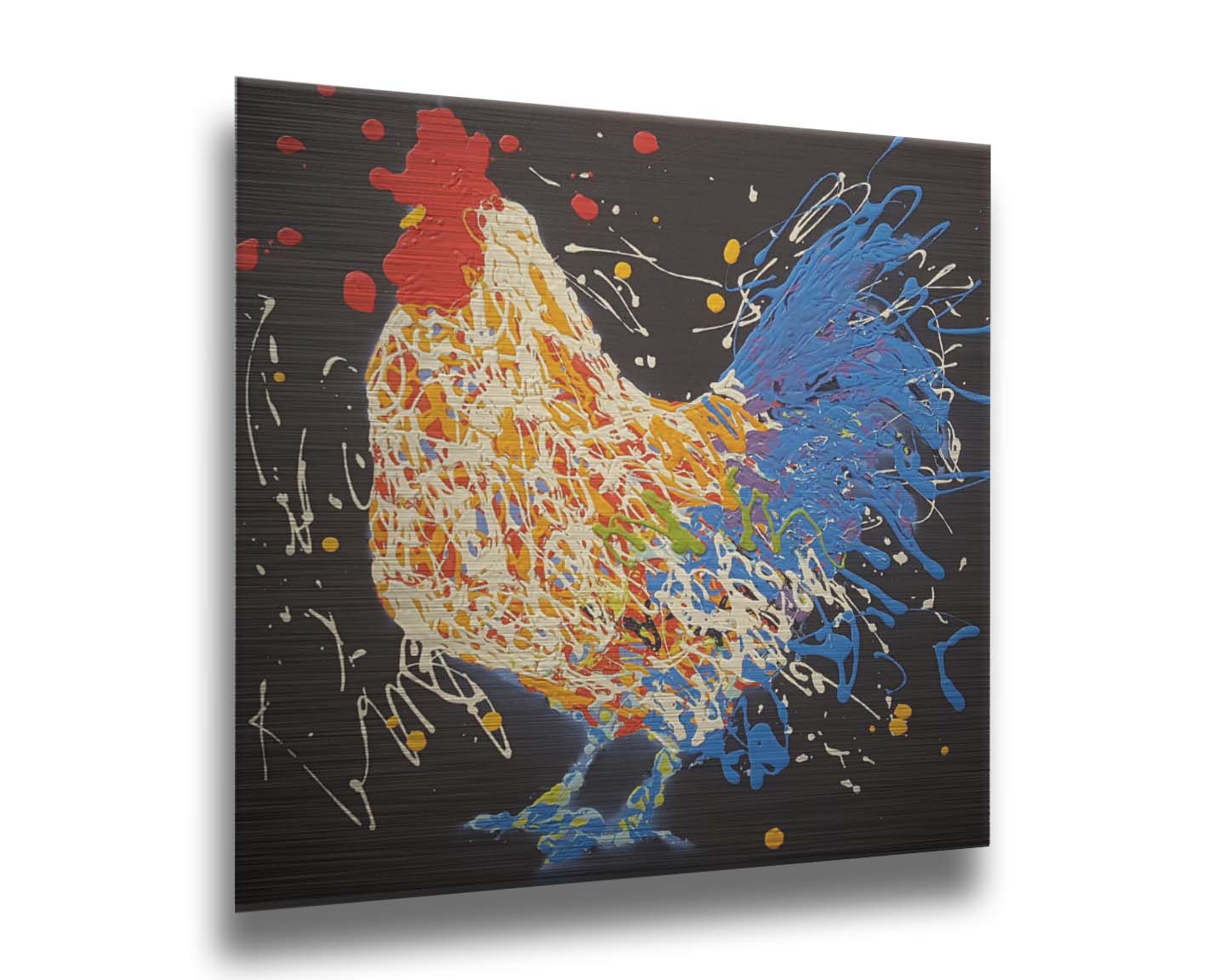 A drip painting of a white and blue rooster on a black background, accented with yellow, red, purple, and green. Printed on metal.