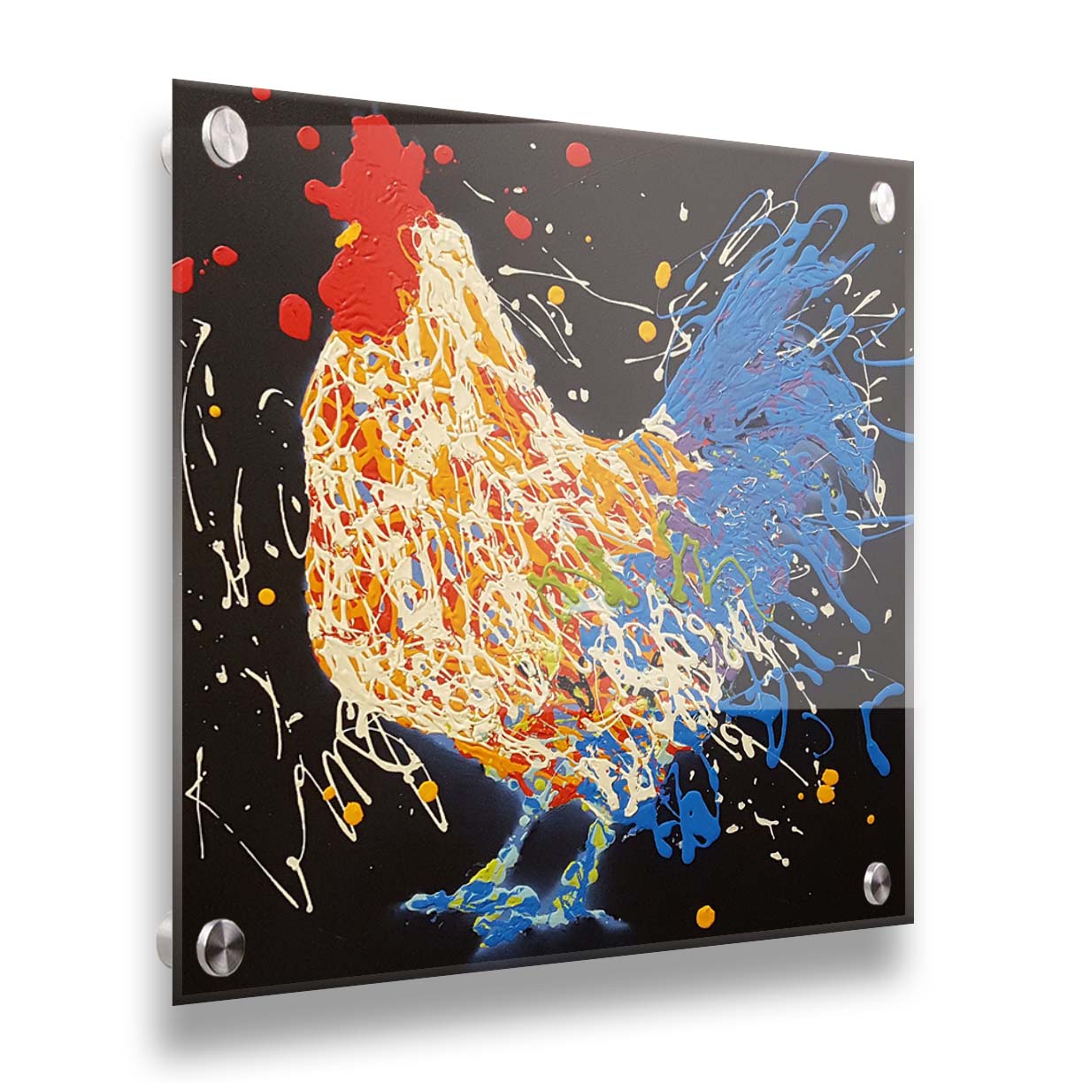 A drip painting of a white and blue rooster on a black background, accented with yellow, red, purple, and green. Printed on acrylic.