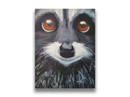 A close up painting of a raccoon's face, with big brown eyes. Printed on canvas.