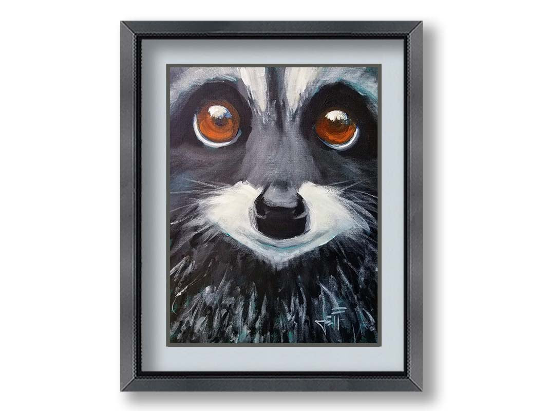 A close up painting of a raccoon's face, with big brown eyes. Printed on paper, matted, and framed.