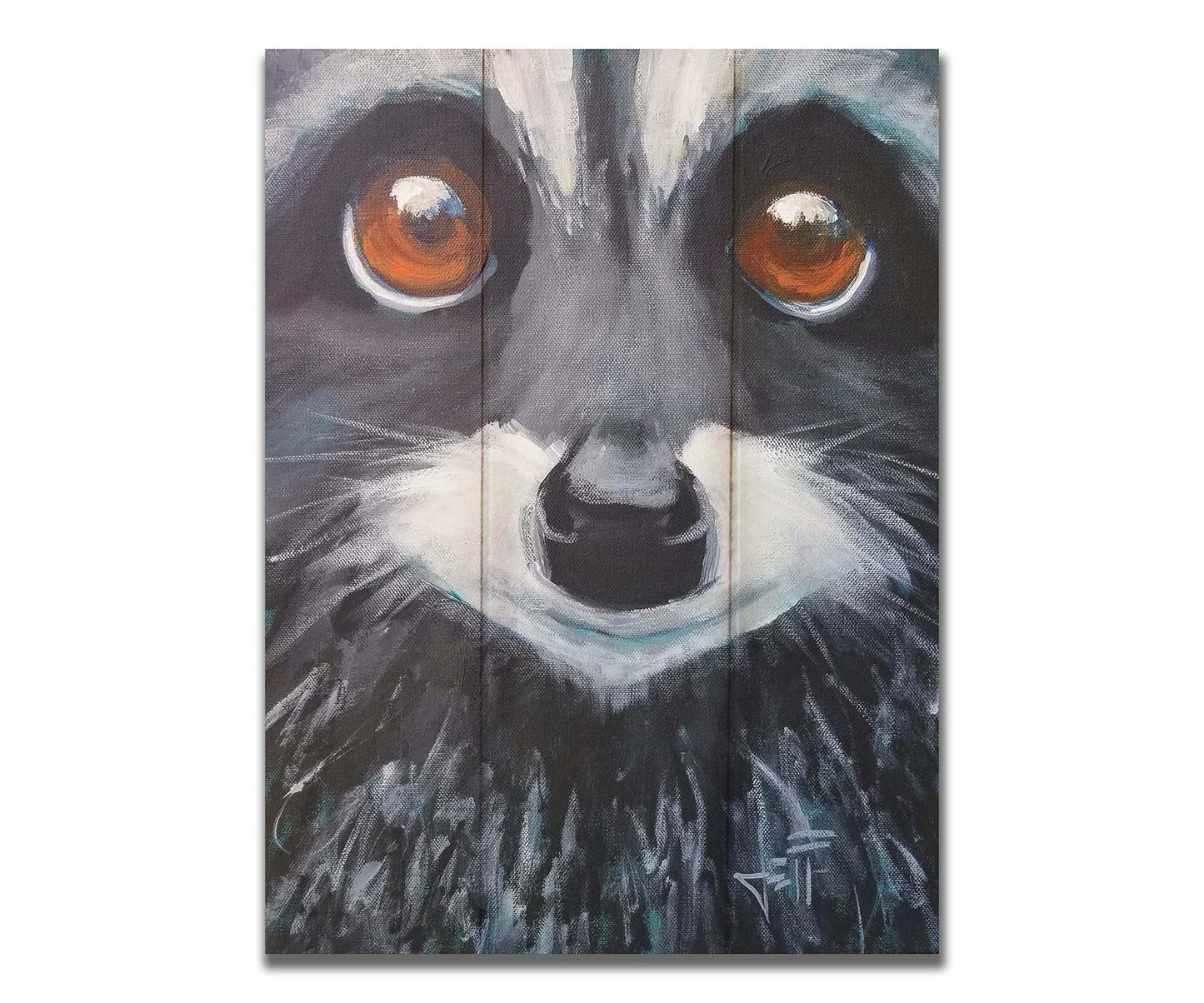 A close up painting of a raccoon's face, with big brown eyes. Printed on a box board.