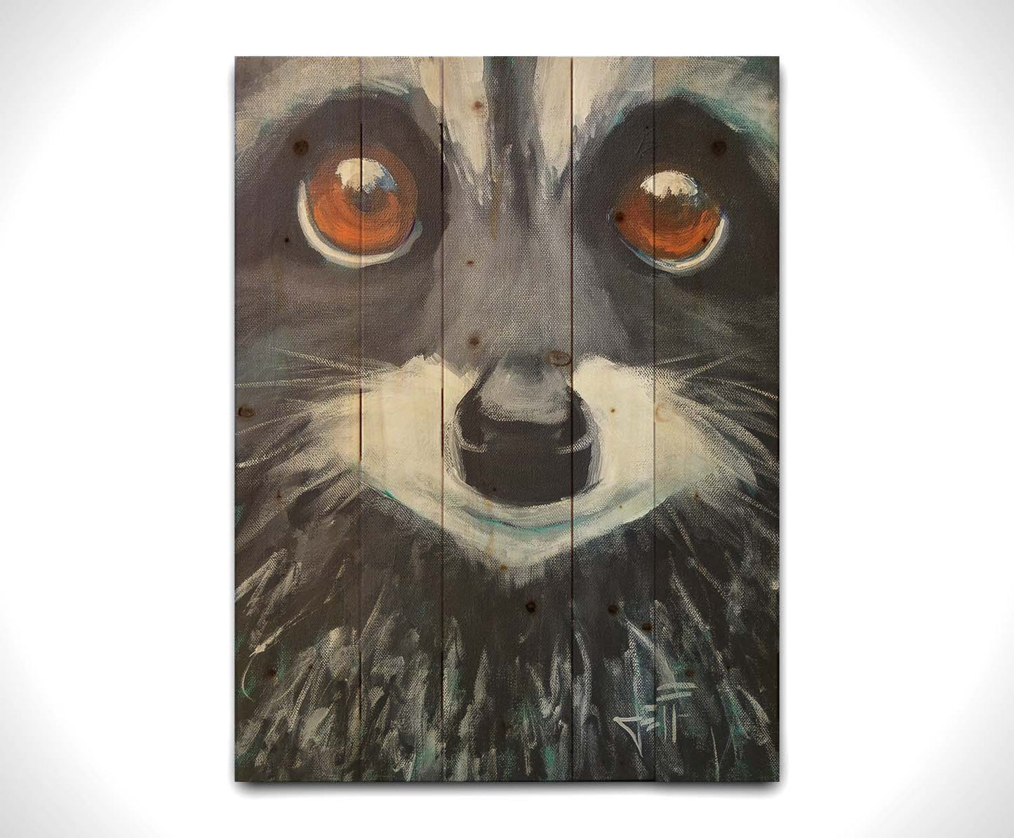 A close up painting of a raccoon's face, with big brown eyes. Printed on a wood pallet.