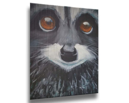 A close up painting of a raccoon's face, with big brown eyes. Printed on metal.