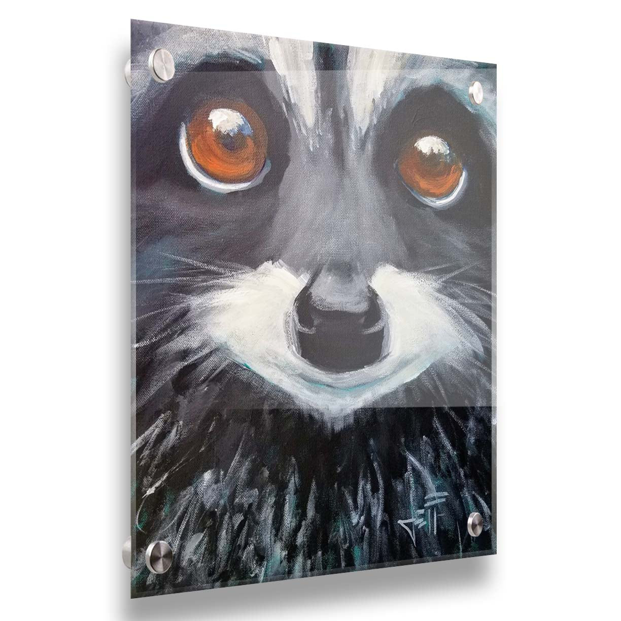 A close up painting of a raccoon's face, with big brown eyes. Printed on acrylic.