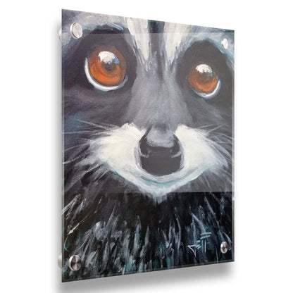 A close up painting of a raccoon's face, with big brown eyes. Printed on acrylic.