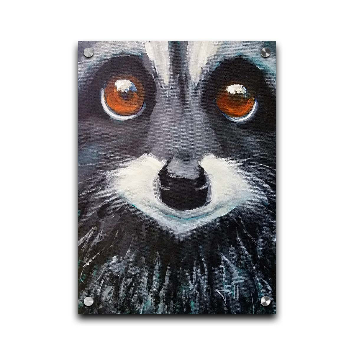 A close up painting of a raccoon's face, with big brown eyes. Printed on acrylic.