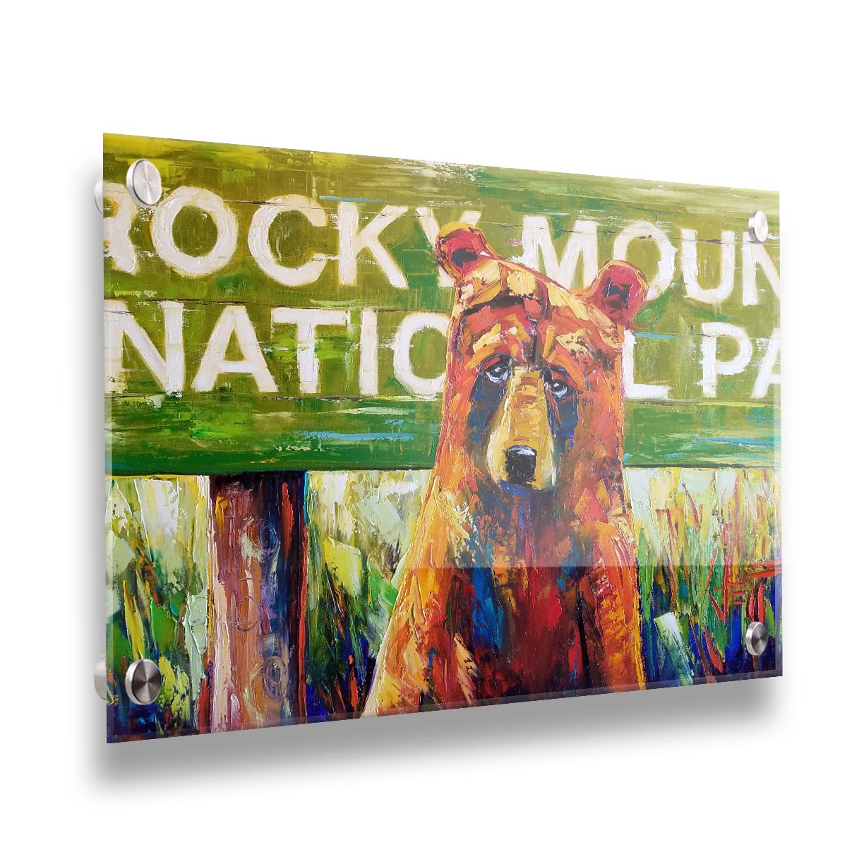 A painting of a bear standing in front of a "Rocky Mountain National Park" sign. Printed on acrylic.