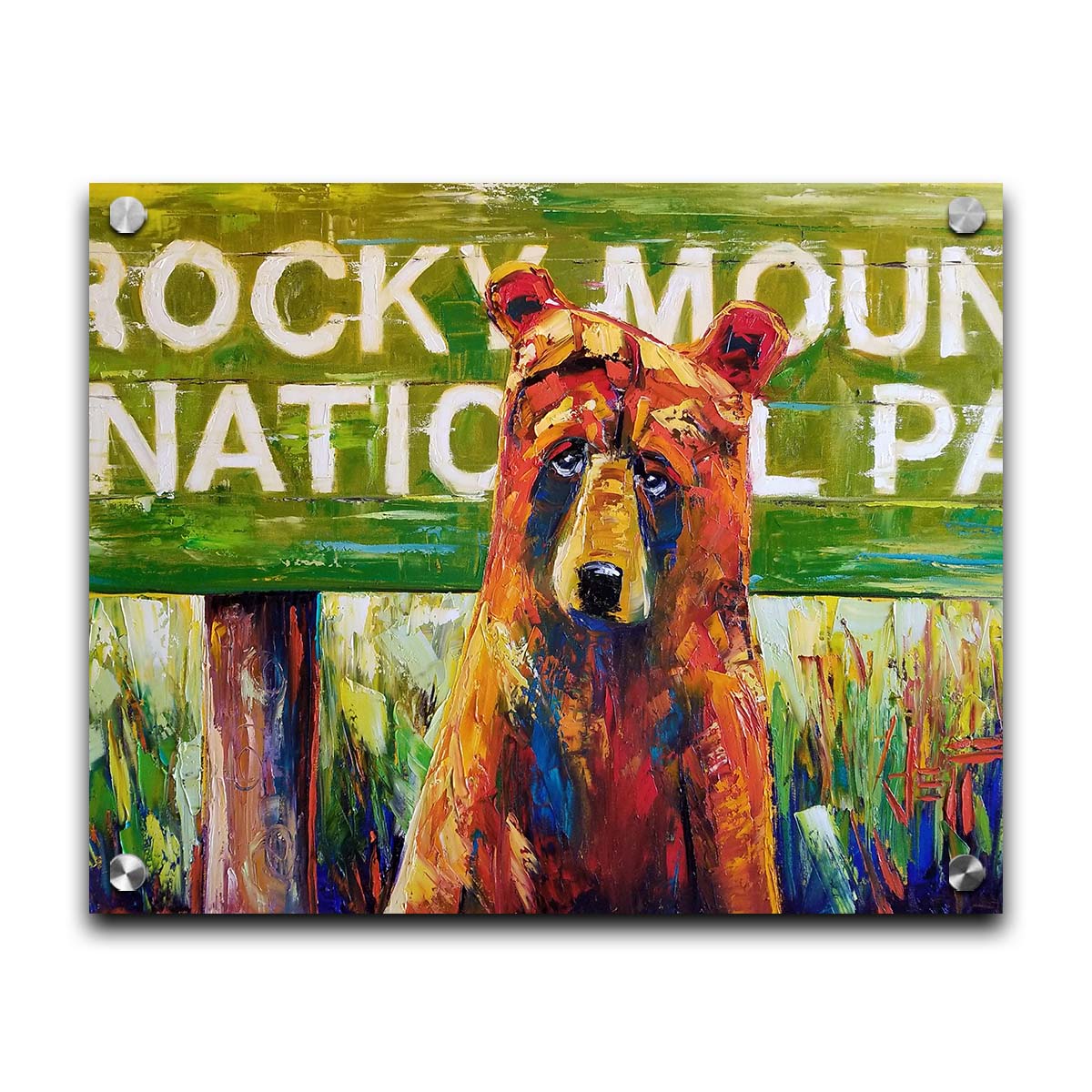 A painting of a bear standing in front of a "Rocky Mountain National Park" sign. Printed on acrylic.