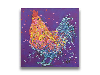 A drip painting of a blue and orange rooster on a purple background, accented with pink, red, and yellow. Printed on canvas.