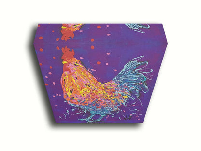 A drip painting of a blue and orange rooster on a purple background, accented with pink, red, and yellow. Printed on canvas.