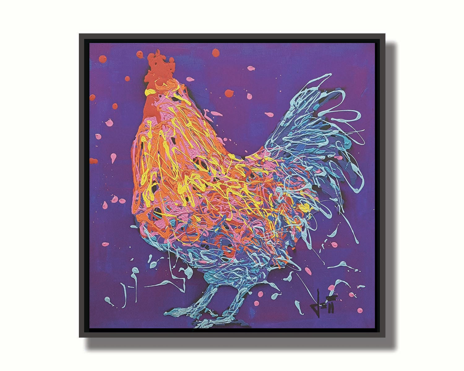 A drip painting of a blue and orange rooster on a purple background, accented with pink, red, and yellow. Printed on canvas in a float frame.