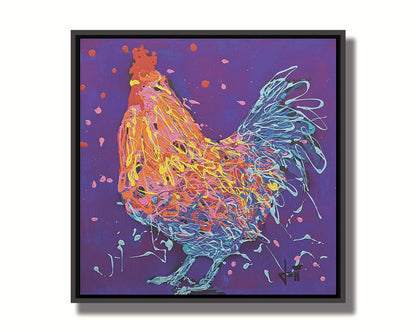 A drip painting of a blue and orange rooster on a purple background, accented with pink, red, and yellow. Printed on canvas in a float frame.