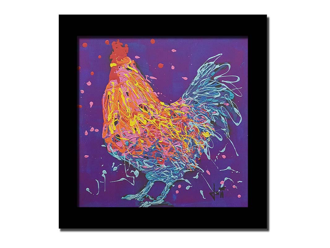 A drip painting of a blue and orange rooster on a purple background, accented with pink, red, and yellow. Printed on canvas and framed.