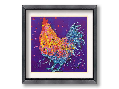 A drip painting of a blue and orange rooster on a purple background, accented with pink, red, and yellow. Printed on paper, matted, and framed.