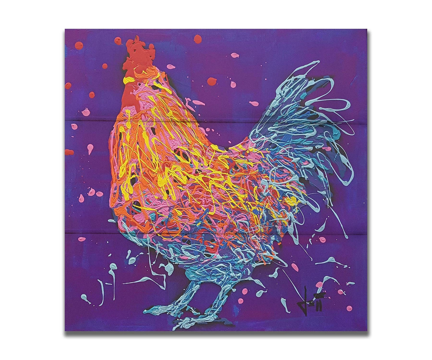 A drip painting of a blue and orange rooster on a purple background, accented with pink, red, and yellow. Printed on a box board.