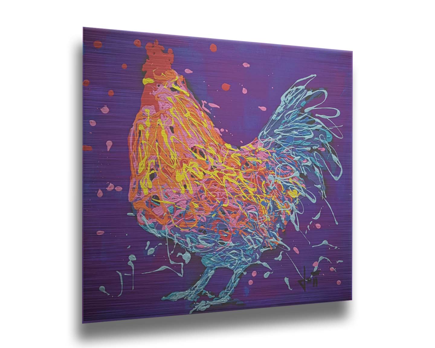 A drip painting of a blue and orange rooster on a purple background, accented with pink, red, and yellow. Printed on metal.