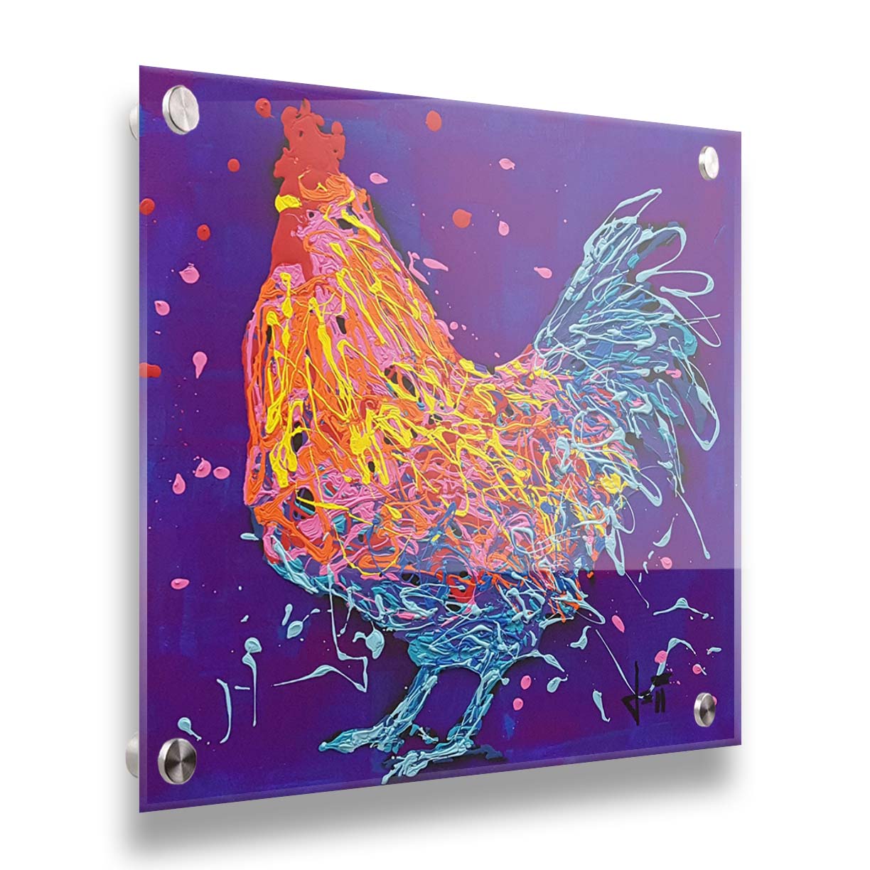 A drip painting of a blue and orange rooster on a purple background, accented with pink, red, and yellow. Printed on acrylic.