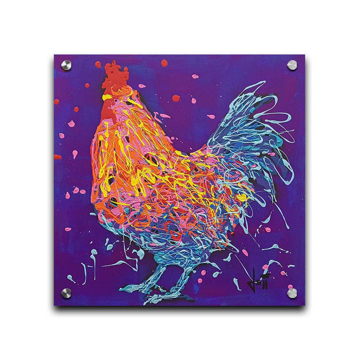 A drip painting of a blue and orange rooster on a purple background, accented with pink, red, and yellow. Printed on acrylic.