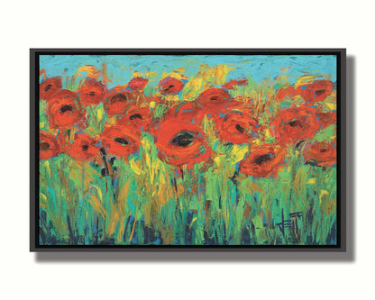 Colorful painting of a stylized garden of roses. Printed on canvas in a float frame.