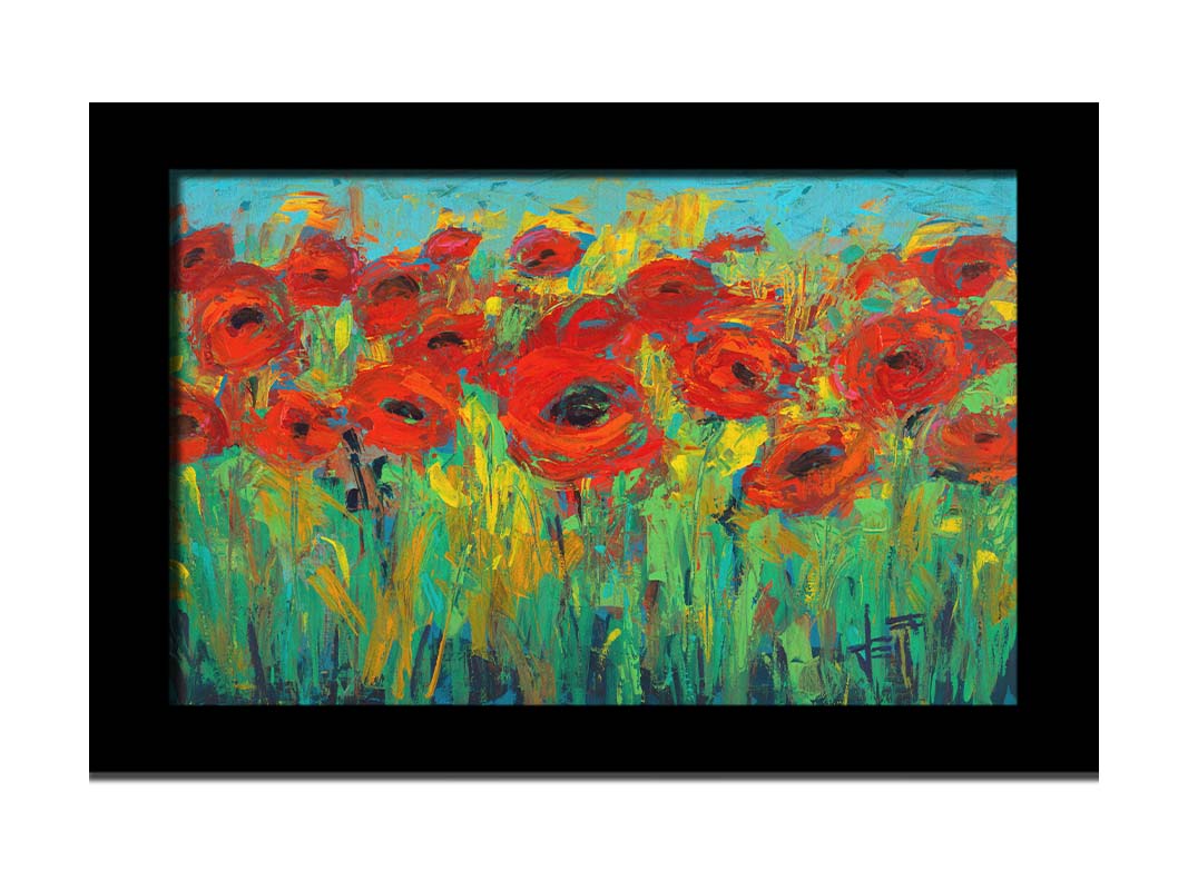 Colorful painting of a stylized garden of roses. Printed on canvas and framed.