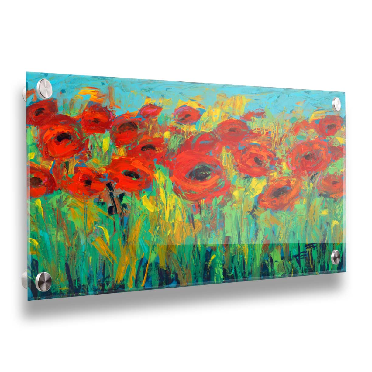 Colorful painting of a stylized garden of roses. Printed on acrylic.