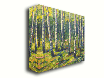 A painting of a bright green forest of birch trees with stark white trunks, accented with blue. Printed on canvas.